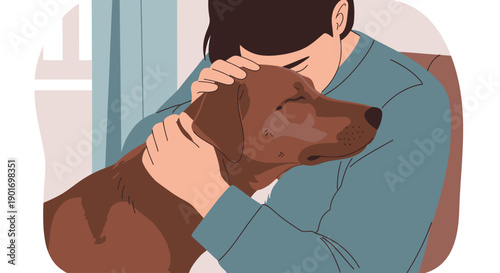 This tender flat design vector illustration captures the loving bond between a person and their pet dog, highlighting moments of comfort and affection. 