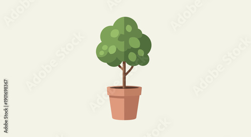 Flat Design Potted Tree with Green Leaves on Light Background