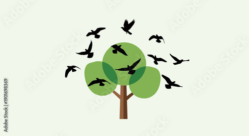 Flock of Birds Flying Around Green Tree Silhouette on Light Background