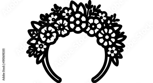 Floral Headband Silhouette: Delicate Flower Crown Outline, Black and White