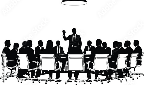 Black and white vector office floor plan templates featuring various table arrangements, boardroom seating, round conference desks, and workstation layouts, isolated.