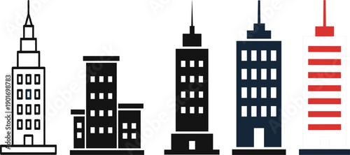 City Building and Skyscraper Icon Set with Urban Architecture, Office Towers, Real Estate, and Modern Downtown Skyline Symbols for Business and Property Design