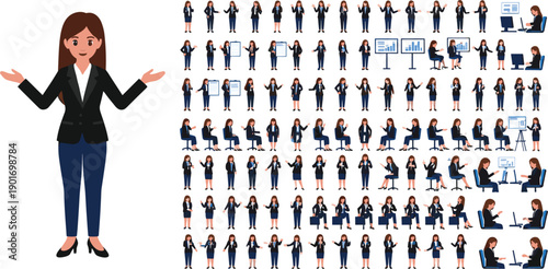 Business Woman Character Set with Multiple Working Poses, Presentation Gestures, Office Activities, and Corporate Situations for Professional Illustration