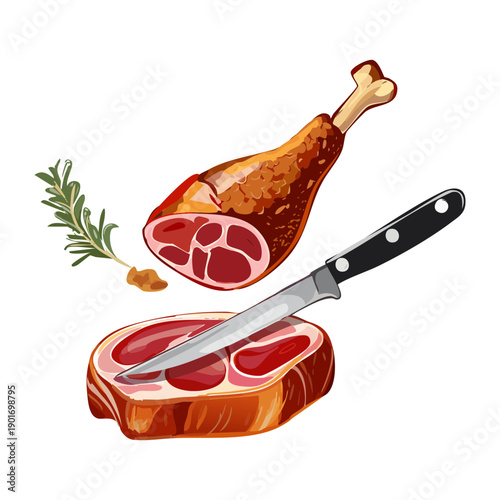 Chef Knife Slicing Raw Beef Meat For Professional Kitchen Preparation And Culinary Skills Concept Art Design - Vector Illustration