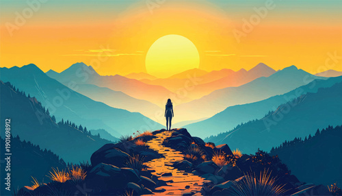 Balanced path composition symbolizing harmony calm sunrise energy. Mindful journey illustration with centered trail and soft light. Peaceful direction concept within layered mountain scenery