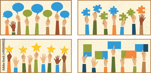 Customer Feedback and Team Collaboration Concept with Raised Hands Holding Speech Bubbles, Puzzle Pieces, Rating Stars, and Opinion Cards Illustration