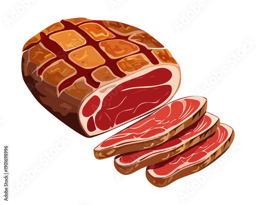 Large Piece Of Sliced Roasted Meat For Family Dinner Feast And Traditional Holiday Celebration Concept Art - Vector Illustration