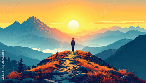 Emotional solitude moment under warm sunrise mountain light. Peaceful self reflection scene within glowing alpine landscape. Mindful morning atmosphere with lone figure and soft colors