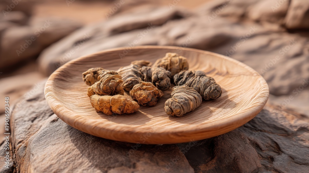 Fototapeta premium Wooden Plate Displaying Dried Silkworms on Stone Surface in Natural Environment