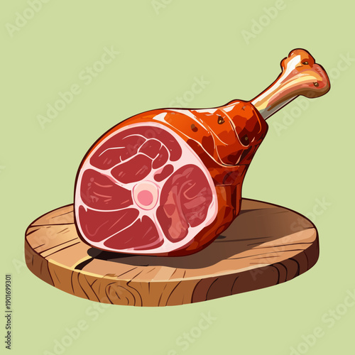 Smoked ham leg on a round wooden board for a rustic and gourmet food presentation - Vector Illustration