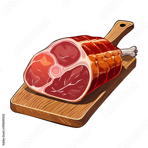 Large cooked ham leg on a wooden board for a holiday feast and dinner celebration - Vector Illustration