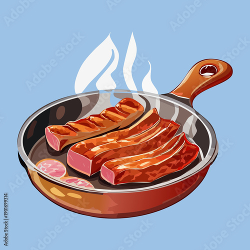 Hot grilled meat slices in a pan with steam for a fresh and tasty meal - Vector Illustration