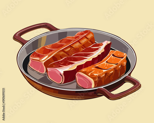 Grilled meat strips in a pan for savory dinner and protein rich meal preparation concept - Vector Illustration