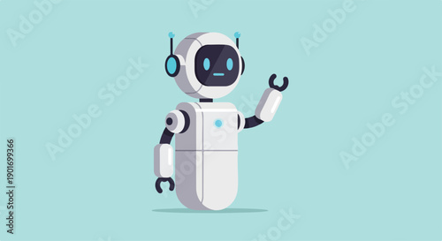 A white robot with blue eyes and headphones waves a wrench in a light blue background with a futuristic feel.