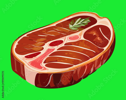 Fresh raw beef steak with marble fat on a green background for organic meat market - Vector Illustration