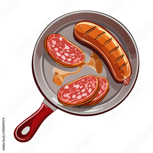 Frying pan with sausage and sliced meat for a savory and hot morning breakfast meal - Vector Illustration