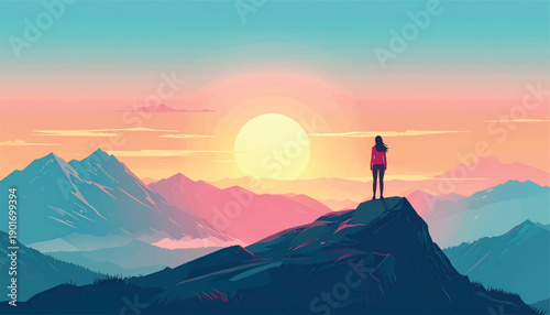 Tiny human standing against vast sunrise mountain environment. Minimal scale contrast showing solitude within endless nature. Lonely explorer observing massive landscape during golden morning