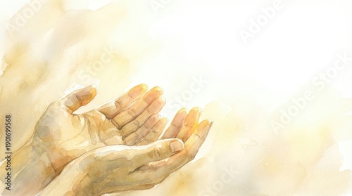 Easter Christ Jesus Prayer Hands Watercolor Faith showing spiritual blessing and resurrection light, offering a hopeful and divine atmosphere for religious worship and grace.