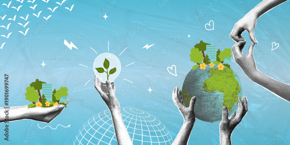 Obraz premium Building a sustainable future. A trendy halftone collage. Hands caring for the Earth and green energy. A concept for ecology and environmental protection.