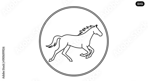 Running Horse Silhouette Emblem, Circle Outline, Minimalist Vector Art