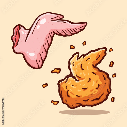 illustration Drawing of delicious fried chicken wings isolated on light brown background