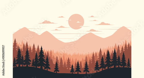 Serene Mountain Forest Landscape with Sunset and Clouds - Flat Design