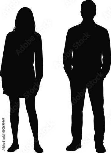 Full length silhouette of man and woman standing together, isolated couple figures, black human shapes on a clean white background