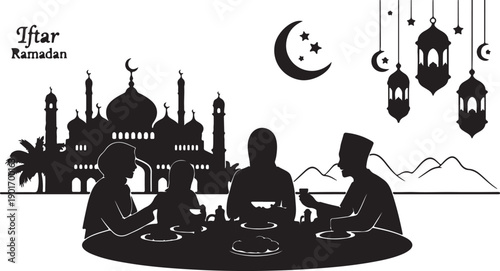 Muslim family vector illustration having iftar meal breaking fast during ramadan holiday celebration