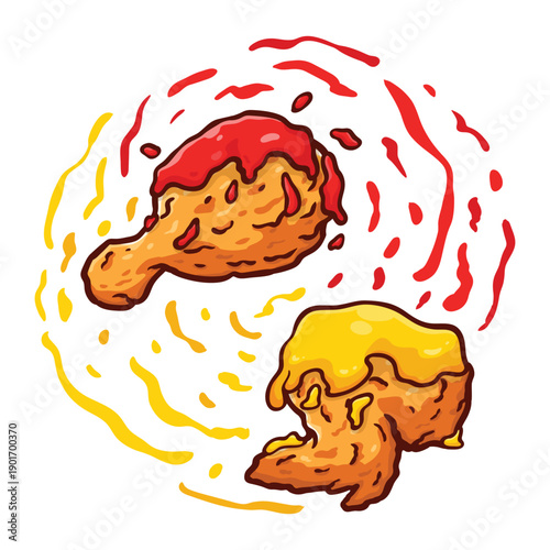 Deliciously Sauced Fried Chicken Pieces Illustration with Spicy and Cheesy Flavor Splashes on white background