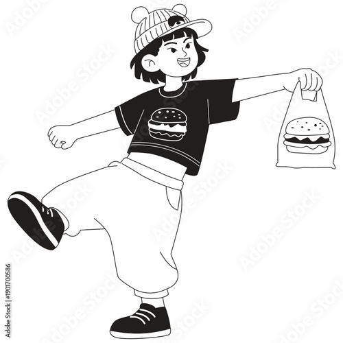 Burger Illustration. Vector illustration of A cheerful kid carrying a burger bag while moving happily, symbolizing takeout food, youthful energy, and everyday enjoyment. Isolated on background