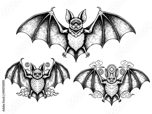 Chinese bat engraving illustration for Lunar New Year fortune branding