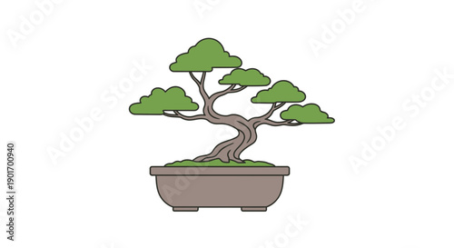 Stylized Bonsai Tree in a Pot, Minimalist Green Foliage, Japanese Art