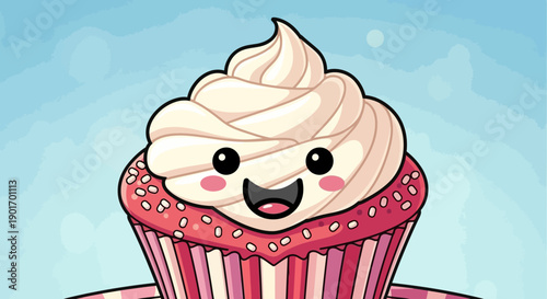 Adorable cupcake cartoon character with sprinkles and whipped cream, smiling happily on a soft light blue gradient background, conveying sweetness and delight.