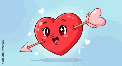 Enchanting red heart cartoon character pierced by Cupid's arrow, sparkling with love on a dreamy light blue background with floating hearts.