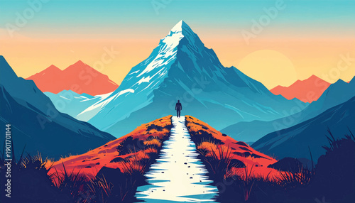 Destiny focused journey climbing toward iconic snow mountain. Purpose driven ascent illustration symbolizing ultimate ambition. Visionary path leading solitary figure toward towering summit