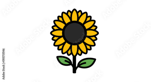 Stylized Sunflower Icon with Green Leaves and White Background