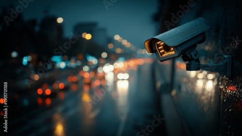 Surveillance camera monitoring busy urban street at night with blurred traffic lights and moving vehicles, city nightlife and modern security concept