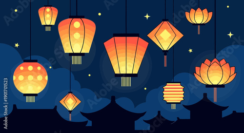 Vibrant Asian Lanterns Decorating Night Sky Over Traditional Rooftops