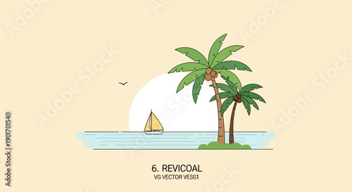 Tropical Island Sunset with Palm Trees and Sailboat, Vector Illustration
