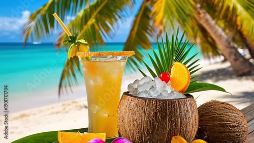 Refreshing tropical drinks with coconut and fruit on a beach backdrop for vacation and summer relaxation