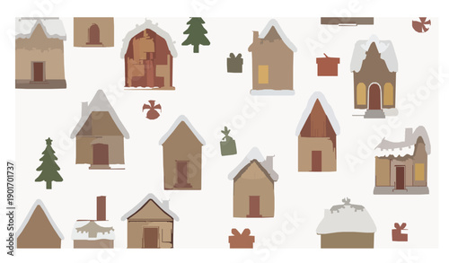 Seamless Christmas houses vector pattern with festive winter holiday elements