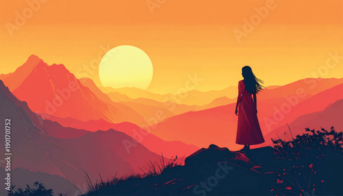 Elegant feminine silhouette observing glowing sunset mountains. Graceful vision moment expressing confidence aspiration. Refined solitude illustration symbolizing inner strength