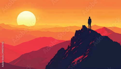 Leadership dominance moment atop dramatic sunset mountain peak. Authority silhouette illustration expressing power control. Executive vision scene overlooking vast fiery horizon