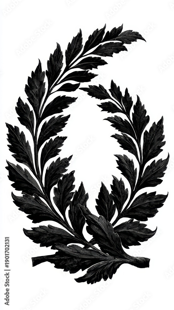 Naklejka premium Black laurel wreath with irregular leaf arrangement and organic hand-shaped silhouette on white background, featuring natural asymmetry, loose spacing, uneven curves, and classic emblem style.