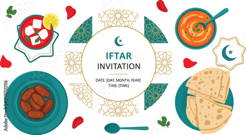 Collection of traditional Middle Eastern food icons including dates, samosas, hummus, tagine, and coffee for Ramadan and Eid celebration menu,