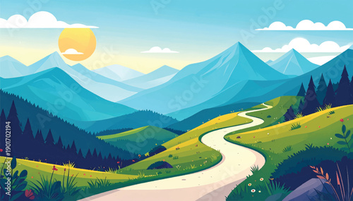 Optimistic countryside road winding through fresh mountain valley. Peaceful green landscape illustration inspiring positive direction. Bright rural pathway concept expressing growth renewal calm