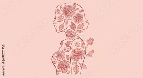 Woman's head and torso illustration with roses and leaves on a soft pink background symbolizing growth and femininity