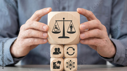 Equality workplace rights icon on wooden cube showing inclusive fair office culture