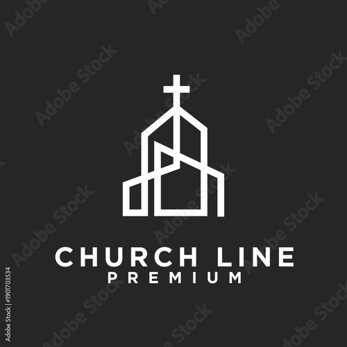 Modern minimalist church line art logo with cross symbol on dark background