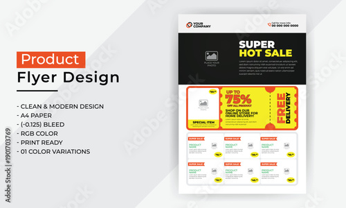 Super Hot Sale Flyer Template with Photo Placeholder for Retail Store Promotion, Discount Offer Poster Design for Shopping Advertisement